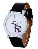 Hidzo Horloge Cute Cat ø 37 mm - Zwart - Kunstleer