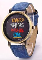 Hidzo Horloge Every Thing Will Be Ok ø 37 mm - Donker Blauw - Kunstleer