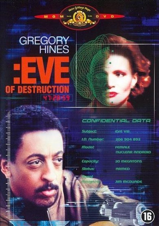 DVD hoes met Gregory Hines en een vrouwelijke androïde met digitale gezichtsherkenning. "EVE OF DESTRUCTION"