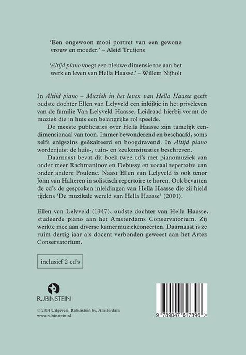 De achterkant van het boek 'Altijd piano' met tekst over Hella Haasse en twee cd's.