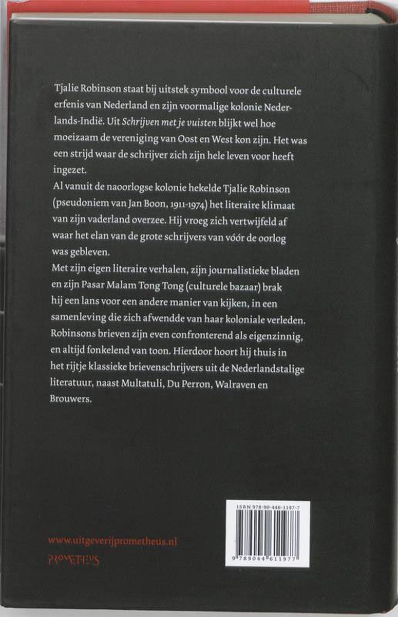 Achterkant van het boek 'Schrijven met je vuisten' met tekst en ISBN.