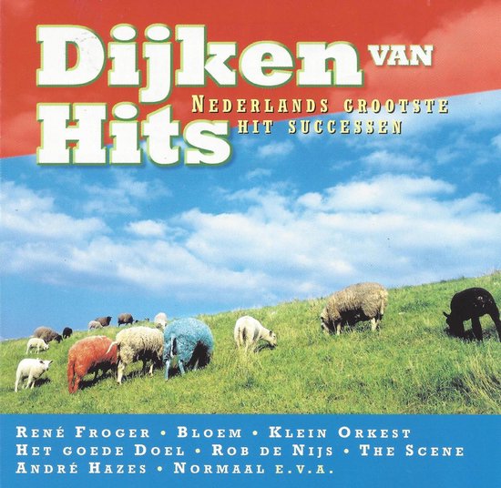 CD-hoes met tekst 'Dijken van Hits', schapen in een weiland en namen van artiesten.