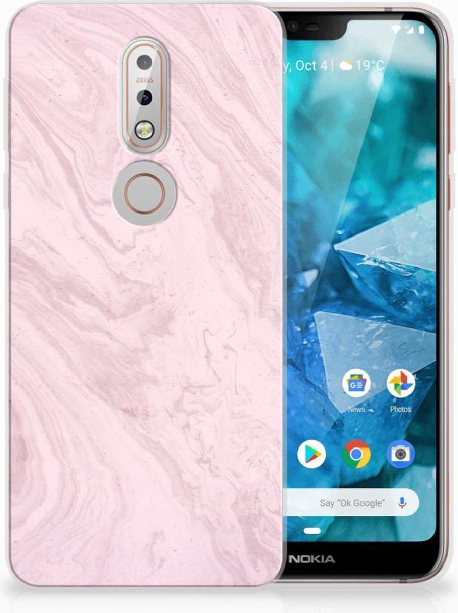 Nokia 7.1 TPU Siliconen Hoesje Marble Pink - Origineel Cadeau Vriendin