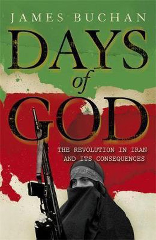 Boekomslag van 'Days of God', met een pistool en een persoon die een hoofddoek draagt, tegen een rode en groene achtergrond met verfspatten.
