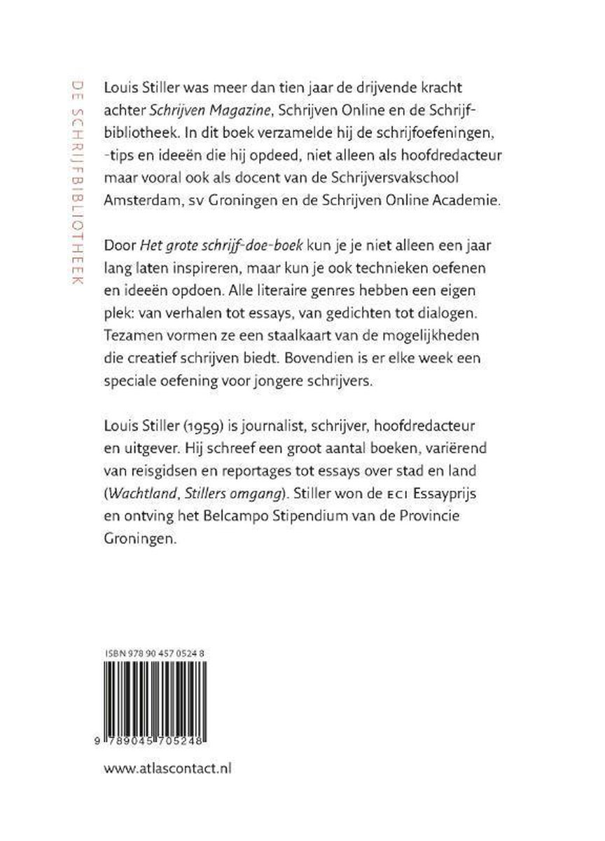 Achterkant boek met ISBN en tekst over de auteur Louis Stiller en het boek Het grote schrijf-doe-boek.