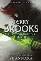 Boekcover van "The High Druid's Blade" door Terry Brooks, met een figuur in een hoodie die een groen magisch zwaard vasthoudt.