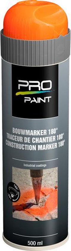Pro Paint boumarker 180 graden in feloranje met grijze dop. Tekst: "BOUWMARKER 180°".