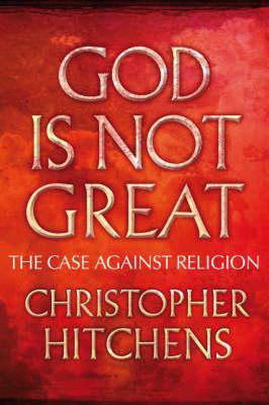 Livre "God is not great: the case against religion" par Christopher Hitchens, sur fond de ciel rouge avec texte doré.