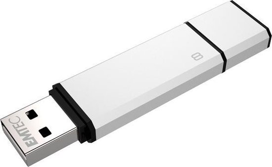 Wit metalen USB-stick met zichtbare USB-connector en het cijfer 8 op de behuizing.