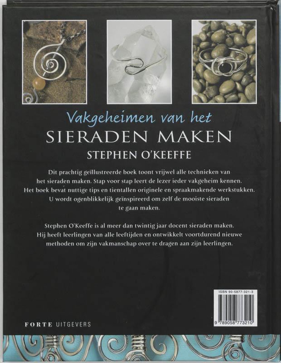 Boekomslag met de titel 'Vakgeheimen van het SIERADEN MAKEN' en foto's van sieraden.