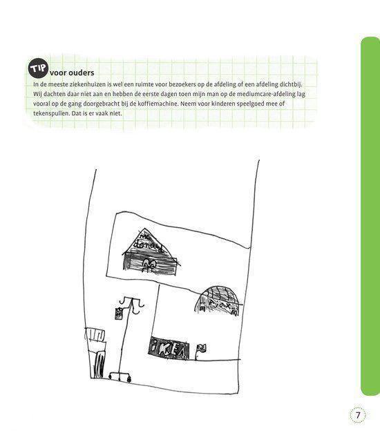 Kindertekening van ziekenhuisgebouwen met infuuspaal en meubels.