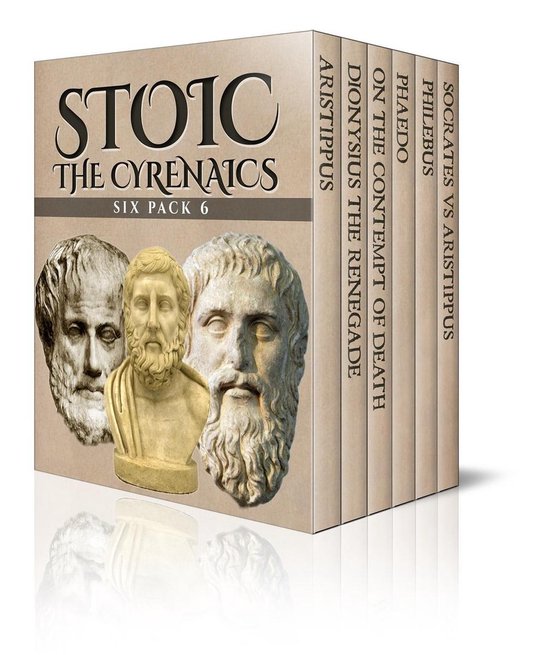 Sixpack met 6 boeken over de Cyrenaïci, met op de voorkant bustes van Griekse filosofen. De titels staan op de ruggen van de boeken.