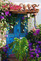 Tuinposter - Blauwe deur met bloemen