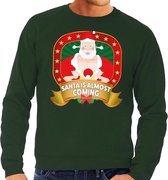 Foute kersttrui / sweater voor heren Santa Is Almost Coming - groen - Kerstman met dame XL (54)