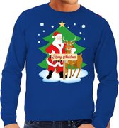 Foute kersttrui / sweater met de kerstman en rendier Rudolf blauw voor heren - Kersttruien S (48)