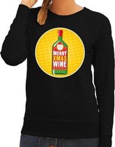 Foute kersttrui / sweater Merry Chrismas Wine zwart voor dames - Kersttrui voor wijn liefhebber L (40)