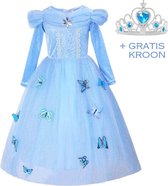 Assepoester jurk Prinsessen jurk verkleedjurk 104-110 (110) blauw Luxe met vlinders meisje + blauwe kroon