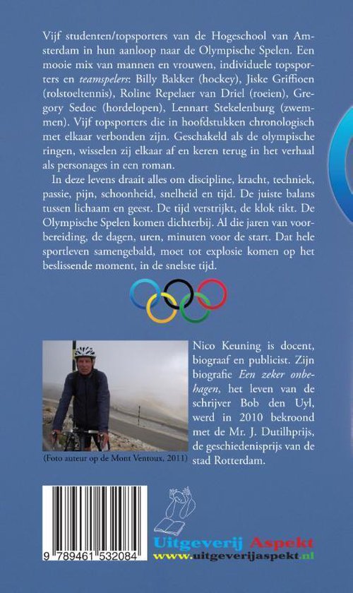 Boekomslag met Olympische ringen en foto van een man op een fiets, met Nederlandse tekst.