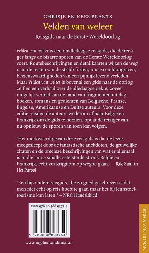 Achterkant van het boek 'Velden van weleer', een reisgids naar de Eerste Wereldoorlog. Bevat ISBN en website.