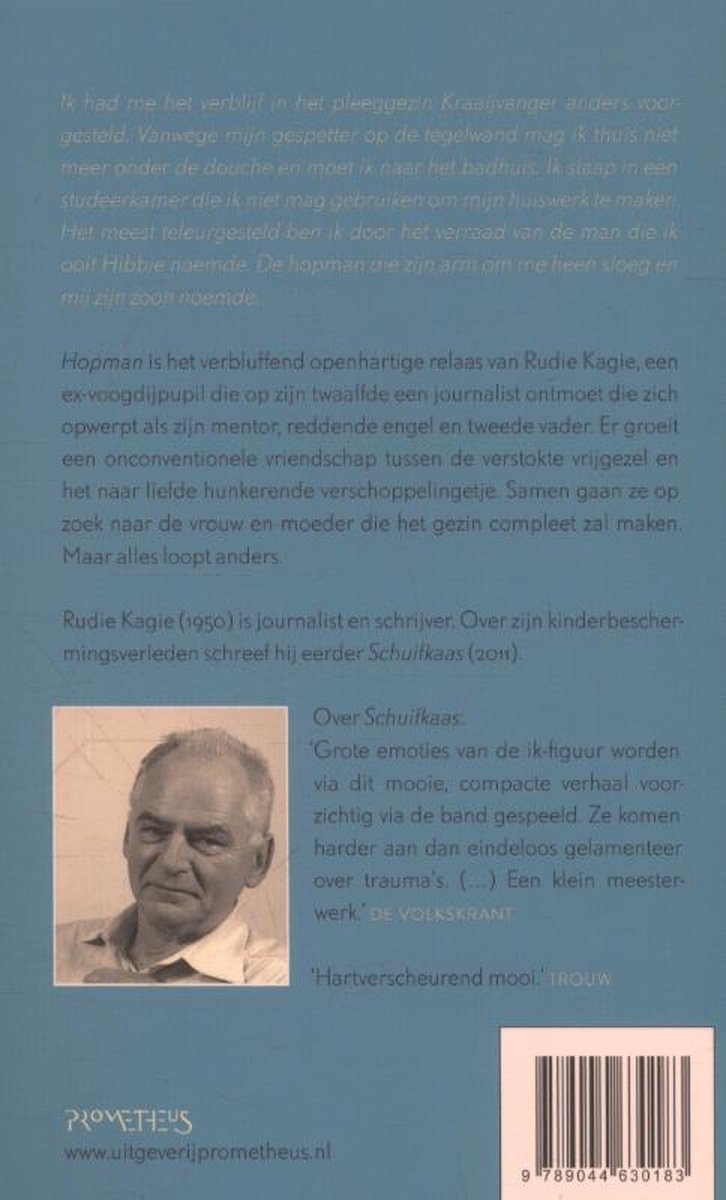 Achterkant van het boek 'Hopman' met foto van Rudie Kagie en tekstuele beschrijvingen.
