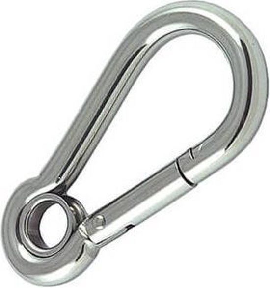 Glinsterende metalen karabijnhaak met een oog en scharnierende poort.