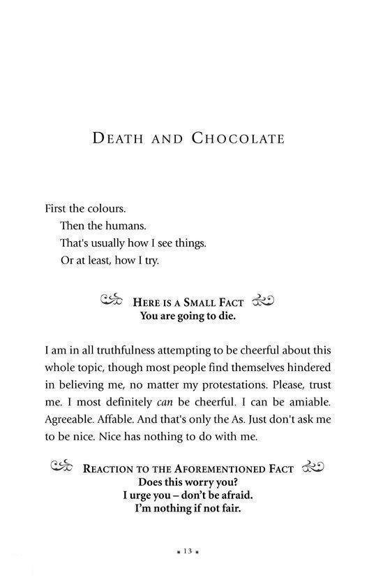 Fragment uit 'Death and Chocolate' over de dood, met tekst die somberheid en humor combineert.