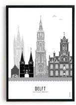 Skyline Poster Delft Zwart-Wit in Kunststof Fotolijst