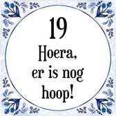 Verjaardag Tegeltje met Spreuk (19 jaar: Hoera! Er is nog hoop! 19! + cadeau verpakking & plakhanger