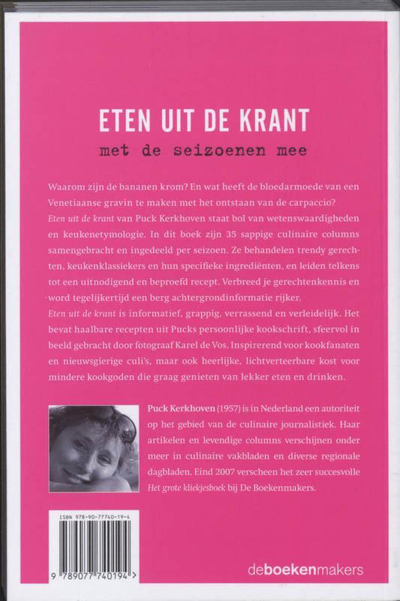 Achterkant boek "Eten uit de krant met de seizoenen mee". Pink achtergrond met tekst en een foto van Puck Kerkhoven.