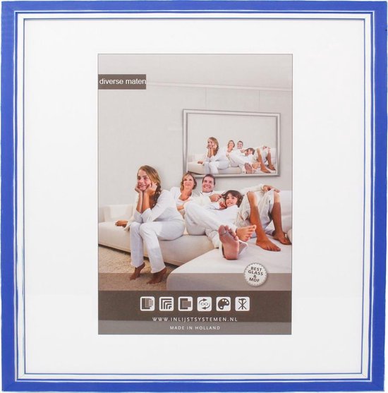 3D Houten Wissellijst - Fotolijst - 50x50 cm - Helder Glas - Blauw / Wit met Spacer