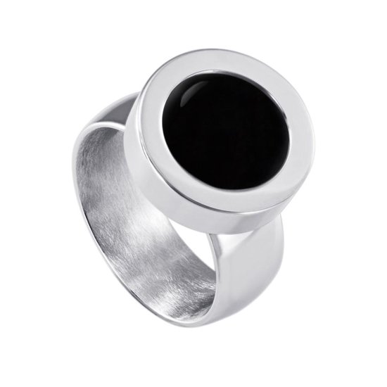 Quiges RVS Schroefsysteem Ring Zilverkleurig Glans 20mm met Verwisselbare Agaat Zwart 12mm Mini Munt
