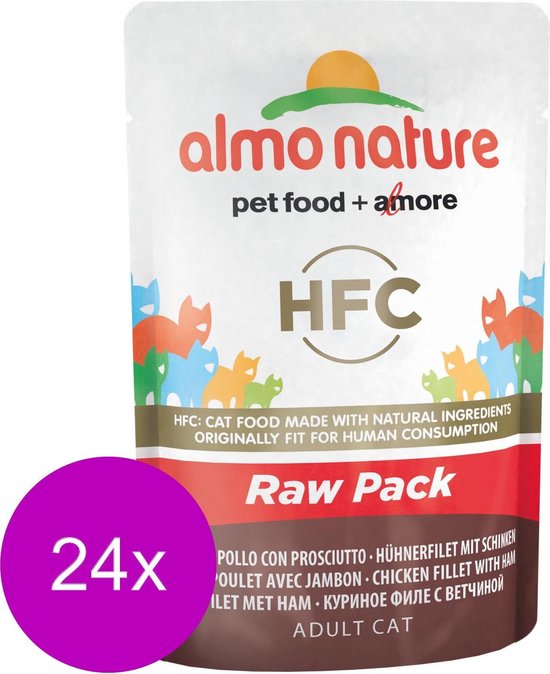 Almo Nature Cat Raw Pack Pouch 55 G – Kattenvoer – 24 X Kipfilet&Ham