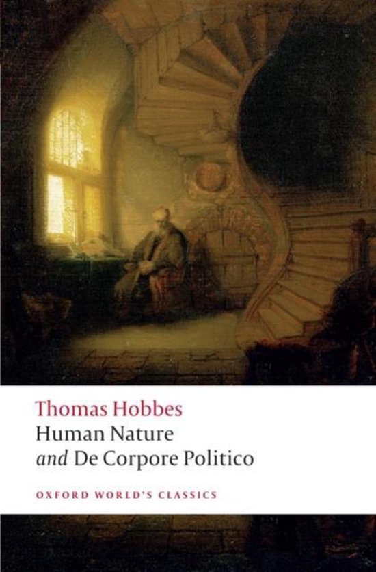 Livre 'Human Nature and De Corpore Politico' de Thomas Hobbes, avec une peinture d'un homme près d'une fenêtre à côté d'un escalier.