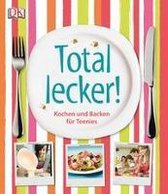 Boek 'Total lekker! Koken en Bakken voor Teenies' met DK logo, bestek en drie foto's van tieners en eten.