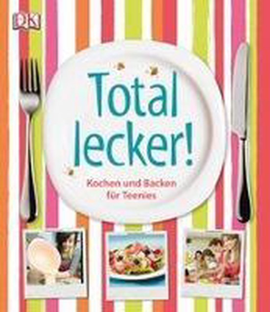 Boek 'Total lekker! Koken en Bakken voor Teenies' met DK logo, bestek en drie foto's van tieners en eten.