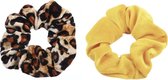 Scrunchie 2 stuks Velvet Extra Vol en Luxe Panterprint bruin/zwart Geel  - haarwokkel haarelastiek - scrunchies - Kraagjeskopen.nl