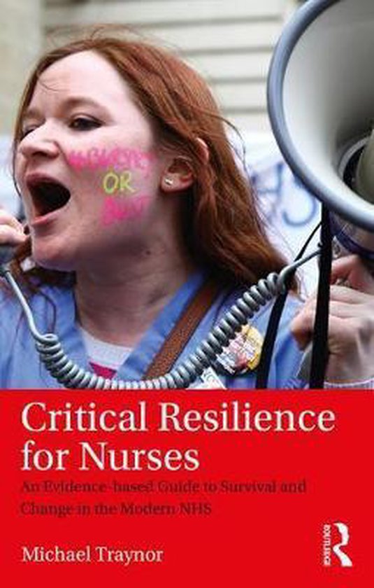 Boekomslag: "Critical Resilience for Nurses" met vrouw die schreeuwt met tekst op gezicht.