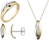 Schitterende Set: 14 Karaat Gouden Ring met Zirkonia's 17.75 mm. (maat 56) + Oorbellen + Halsketting