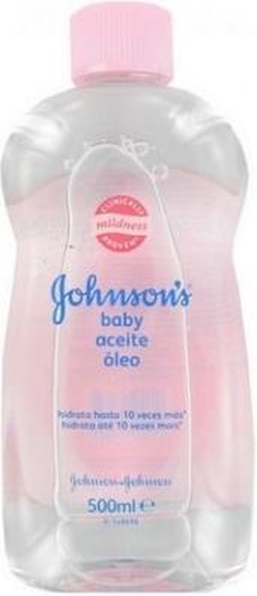 Transparante babyolie van Johnson's in een fles van 500ml met roze dop. Tekst 'clinically proven mildness' en 'Johnson's baby aceite óleo'.