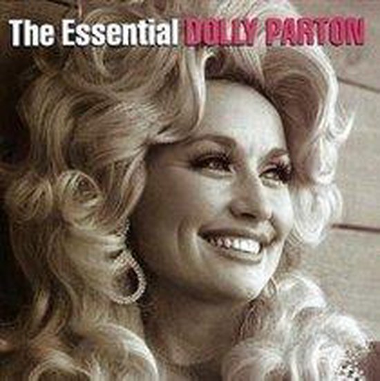 Albumhoes van "The Essential Dolly Parton" met close-up van Dolly Parton met blonde krullen en een glimlach. Haar naam staat in witte letters op een roze achtergrond.