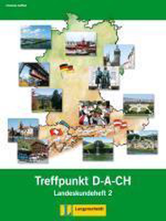 Carte de l'Allemagne, de l'Autriche et de la Suisse avec un collage de photos de sites touristiques. Titre : Treffpunkt D-A-CH.