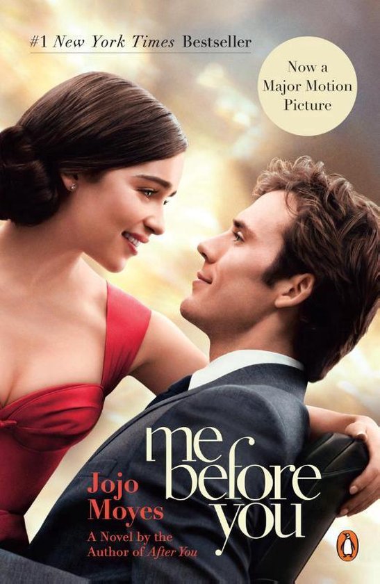 Vrouwen in rode jurk en mannen in pak kijken elkaar liefdevol aan. Boek 'Me Before You'.