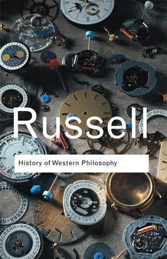 Boekomslag met de tekst "Russell History of Western Philosophy" te midden van horlogemekanismen en wijzerplaten.