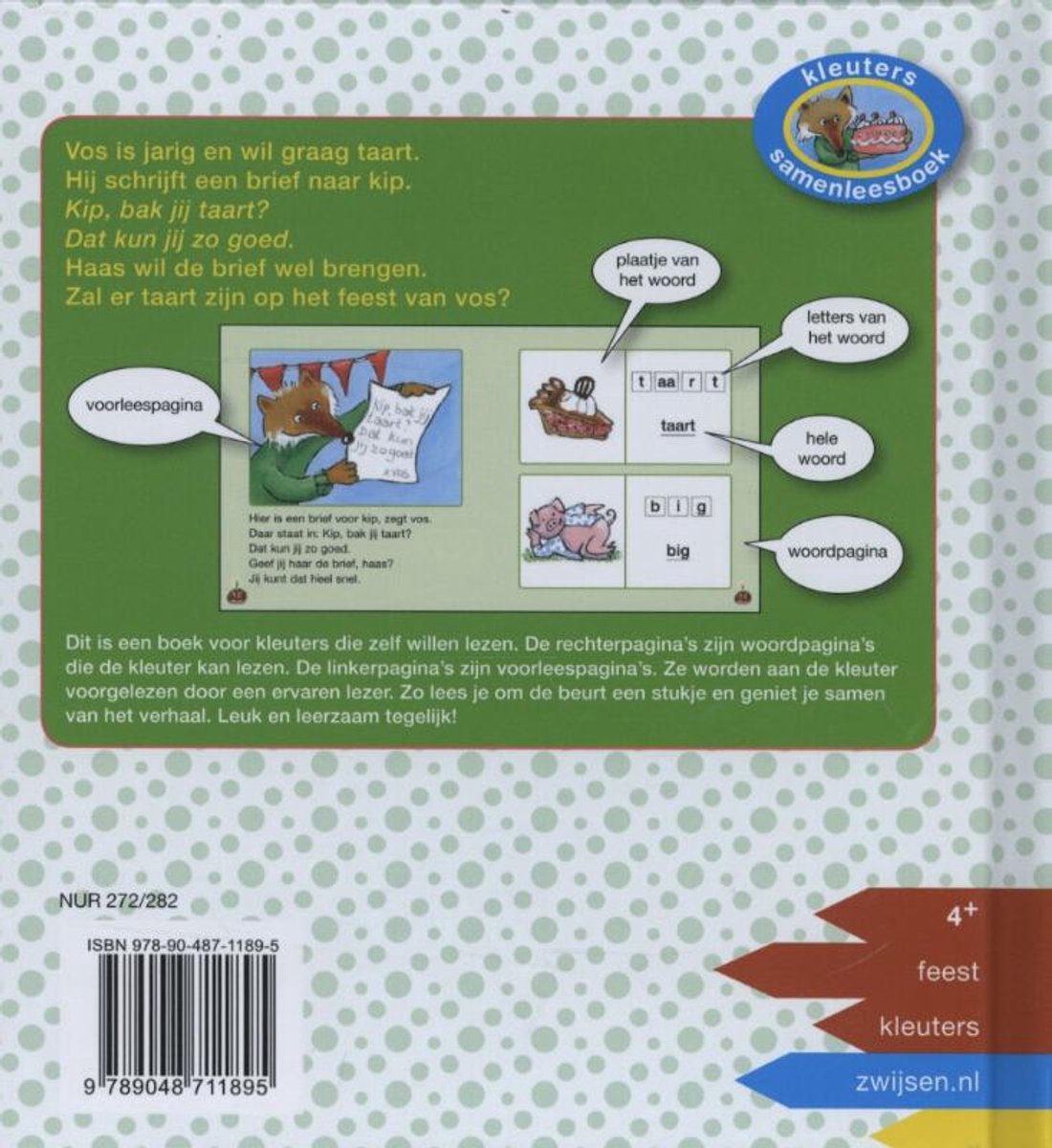 De achterkant van een peuterboek met de titel "Kleuters samenleesboek". Illustraties van een vos, taart en woordenschat. Tekst over lezen.