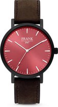 Frank 1967 7FW-0010 - Metalen horloge met lederen band - rood en donkerbruin -Doorsnee  42 mm