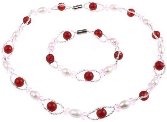 Zoetwater parel ketting set Recio - parelketting + parel armband - echte parels - wit - roze - rood - magneetslot