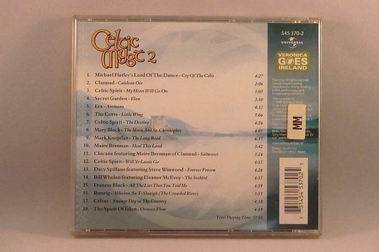 De achterkant van de "Celtic Myst 2" CD met een tracklist en albumdetails.