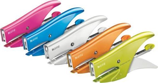 Vijf Leitz niettangen in verschillende kleuren: roze, blauw, wit, oranje en groen. Gestileerd design, met merknaam.