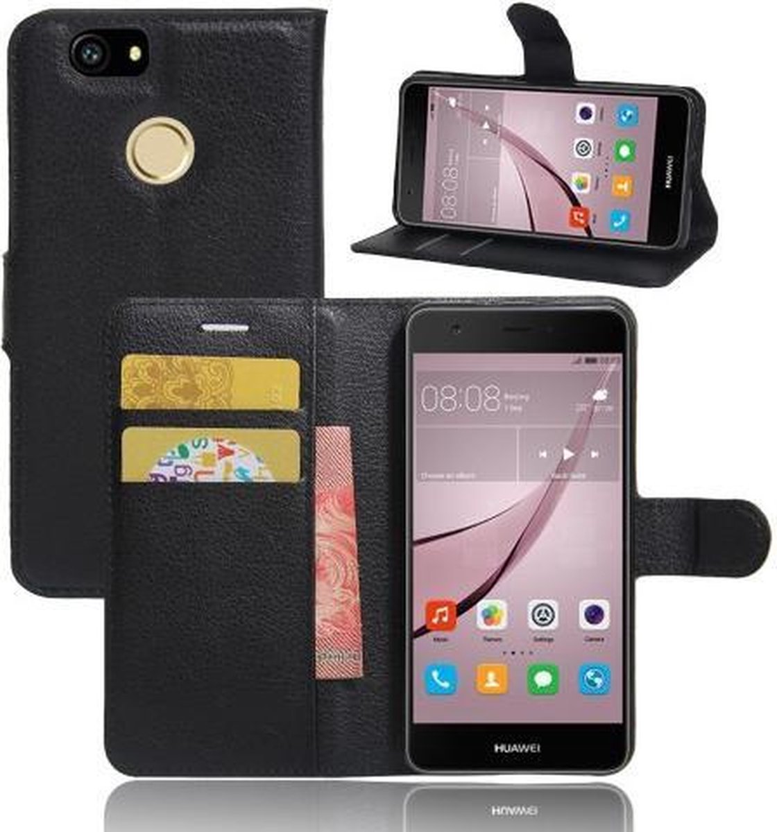 Litchi cover zwart wallet case hoesje Geschikt voor: Huawei Nova