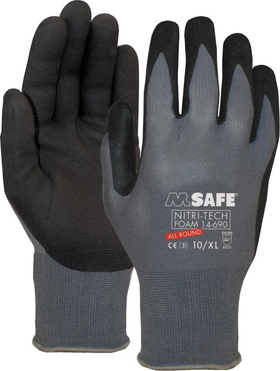 Zwarte werkhandschoenen met grijze handpalm en polsband. M SAFE NITRI-TECH FOAM 14-690, maat 10/XL.